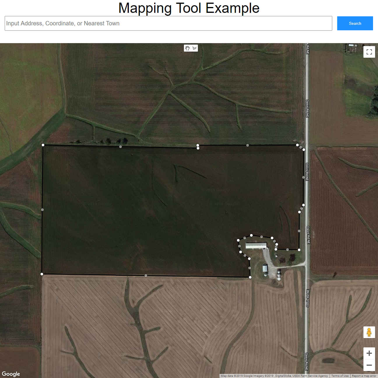 Screenshot of an example mapping application, with custom markers and polygons.